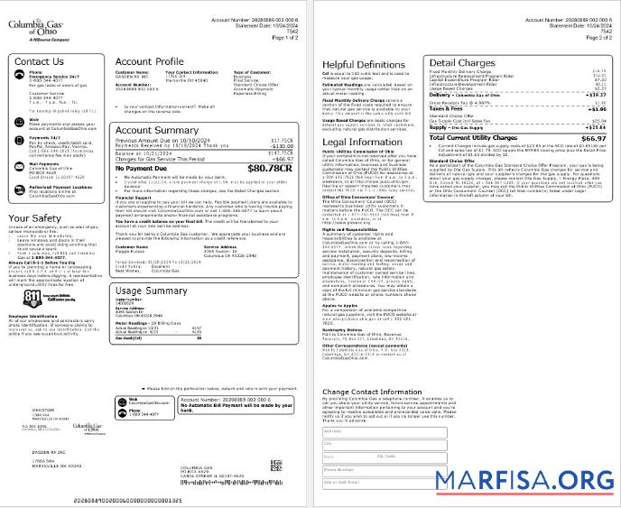 Downloadable USA COLUMBIA GAS OF OHIO business utility bill Word and PDF template